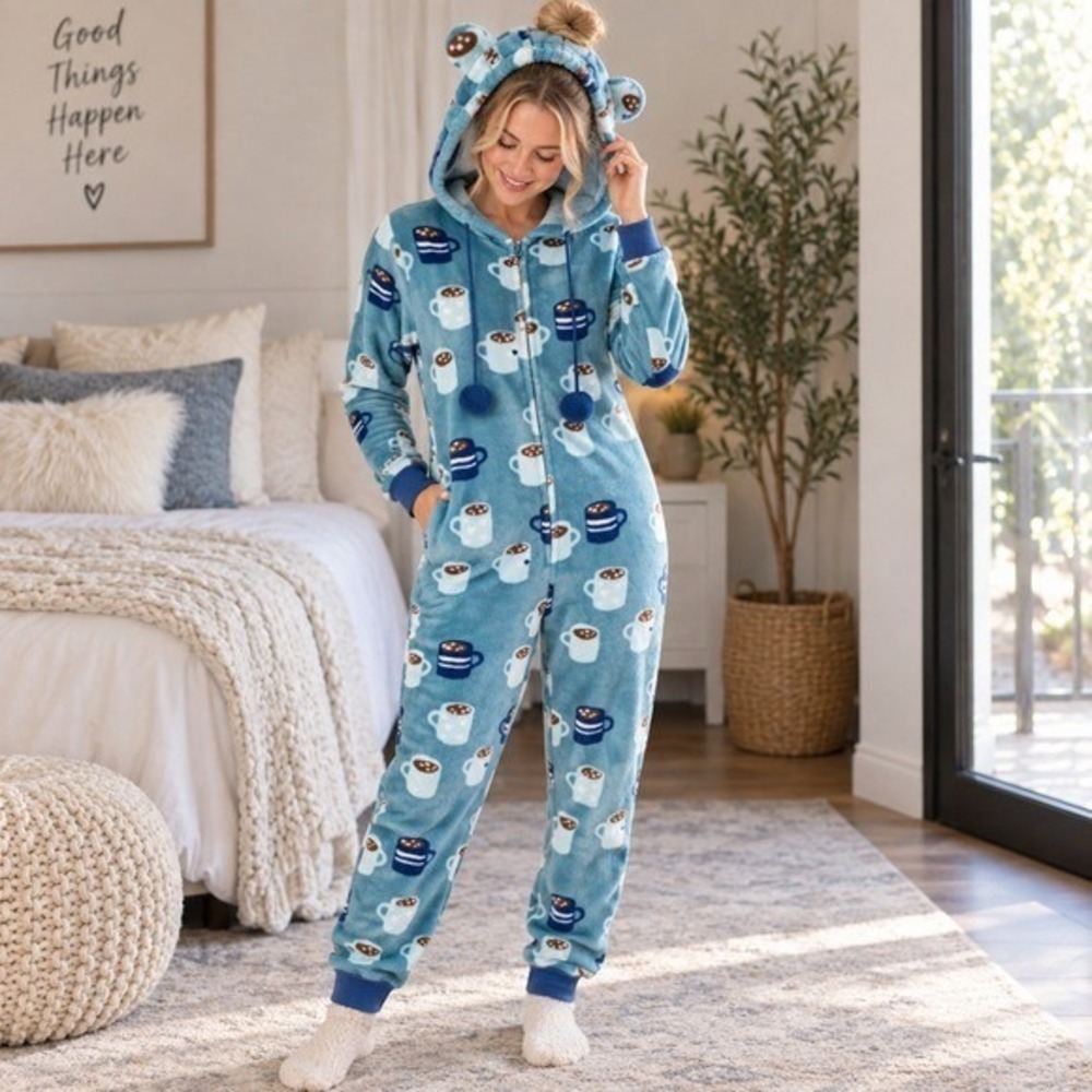 Munki Munki Hot Cocoa Fleece Hooded One Piece Pajamas Aqua Womens XS NWT